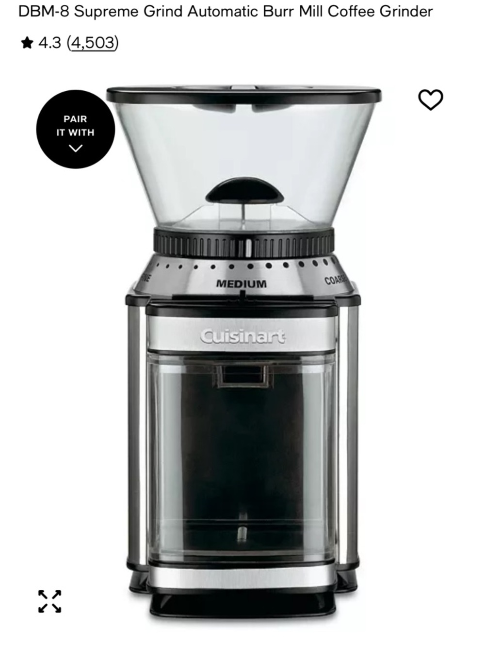 Cuisinart Stainless Steel Coffee Grinder with Clear Hopper and Black Accents